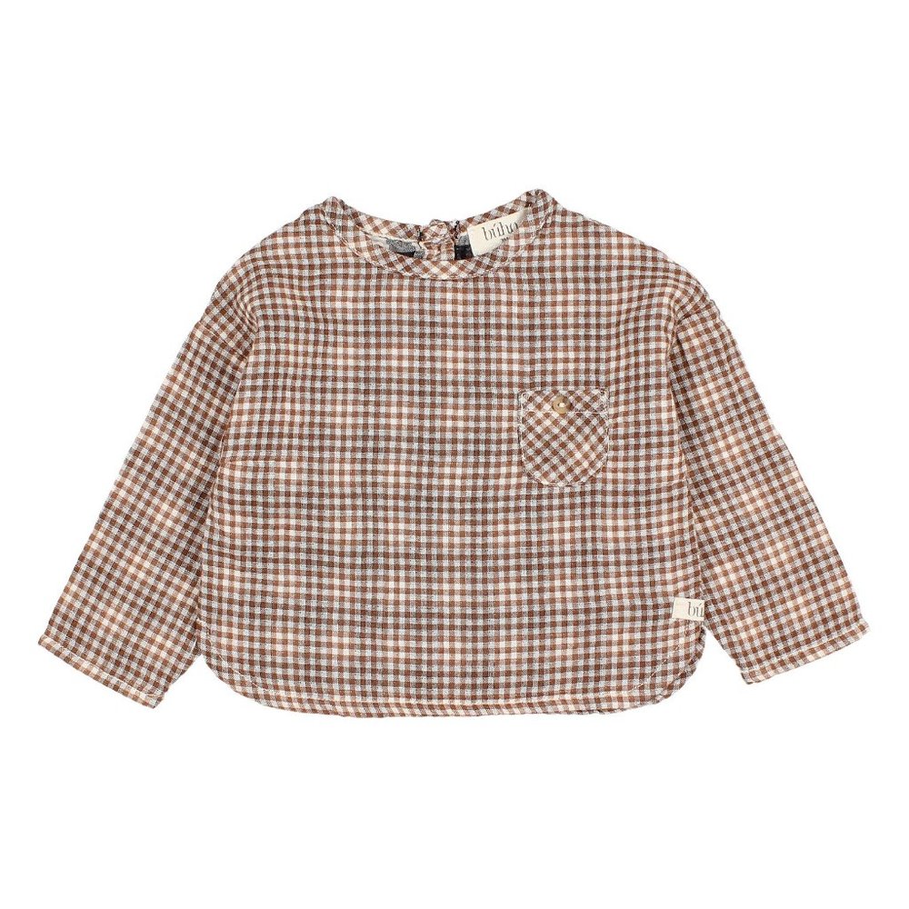 BÚHO  Organic Cotton Muslin Vichy Kurta Shirt | Camel - 24 Months
